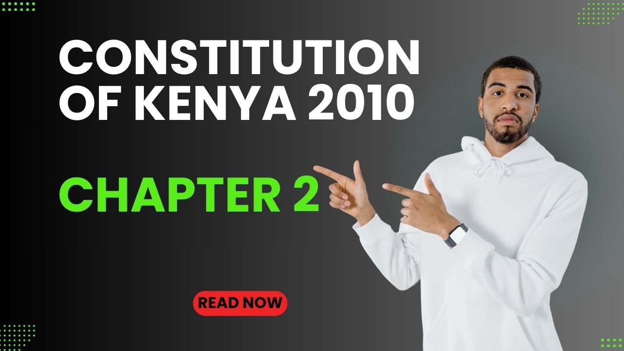 a young black man dressed in white pointing to the words, constitution of Kenya 2010: chapter 2'