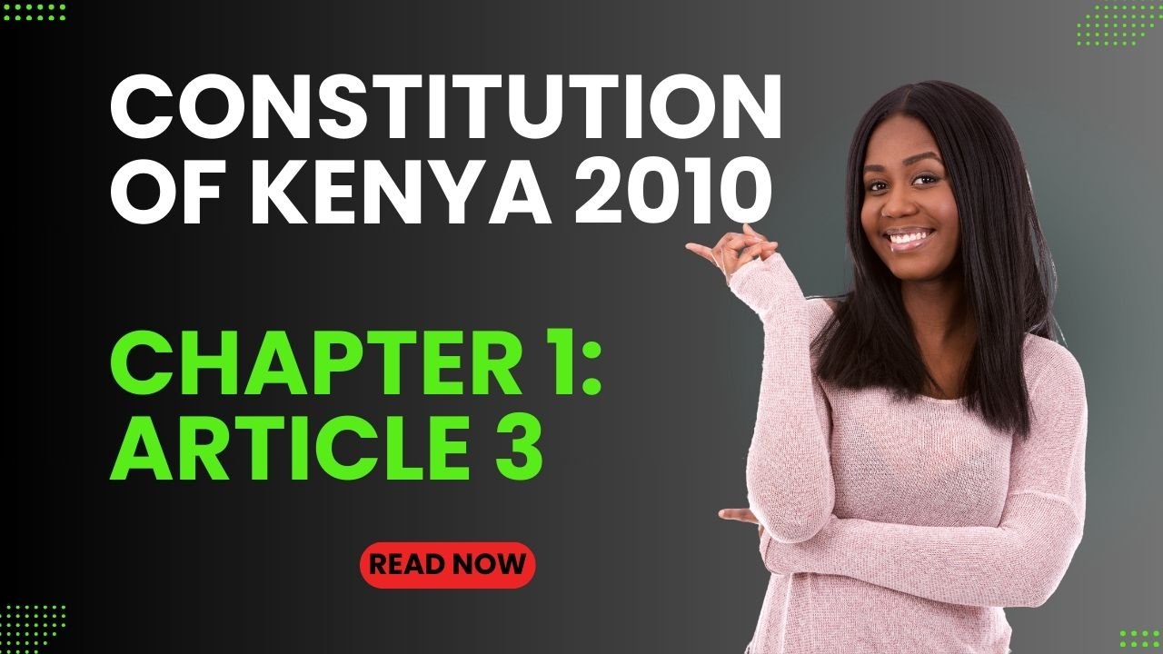 A young black lady pointing to the words, 'Constitution of Kenya 2010: Chapter 1, Article 3