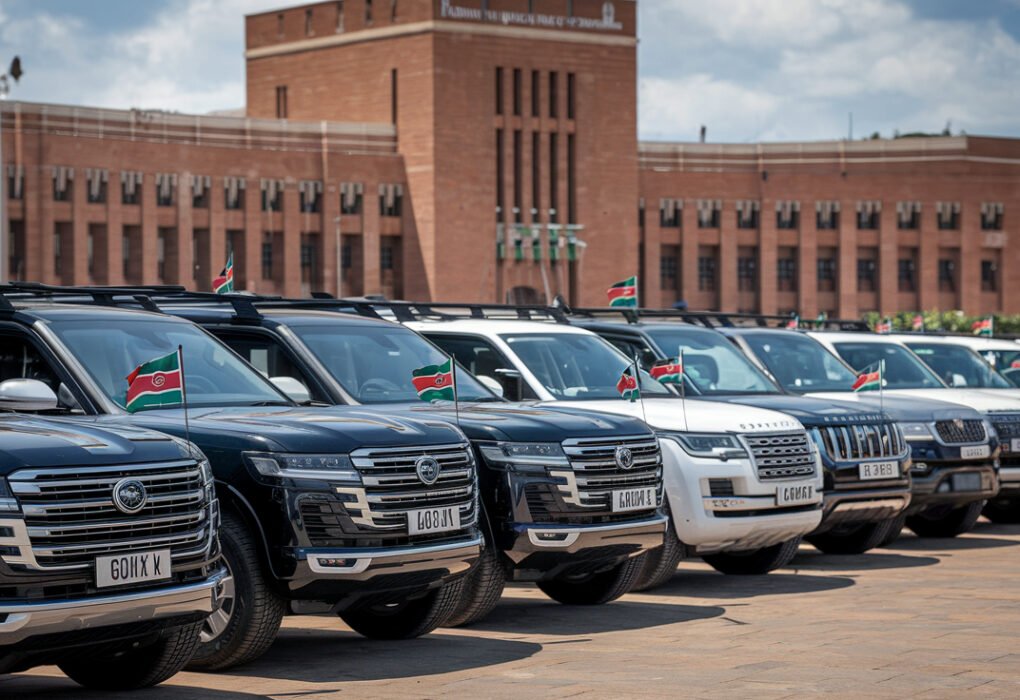 luxury vehicles parked outside Kenya parliament. Each car has a small flag at the front.
