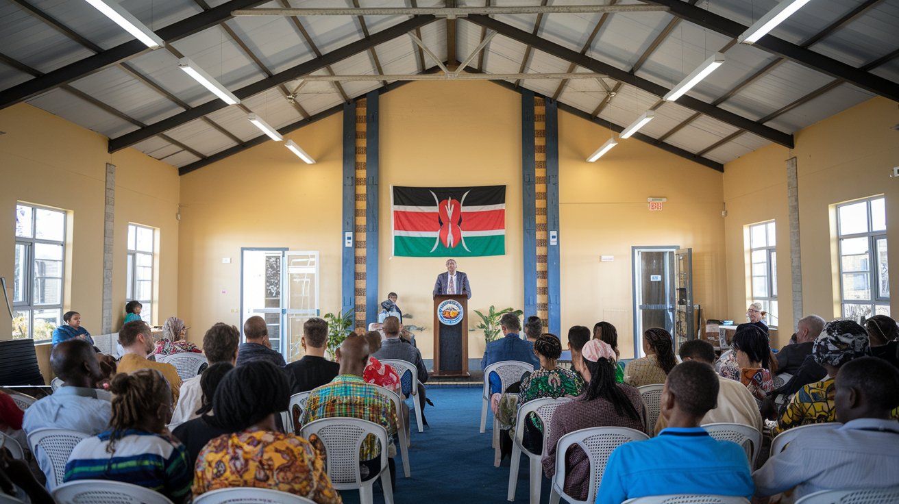 a photo of a townhall meeting where a presenter stands at the front of the room. a Kenyan flag is behind him. The presenter is speaking to a group of people seated on plastic white chairs.